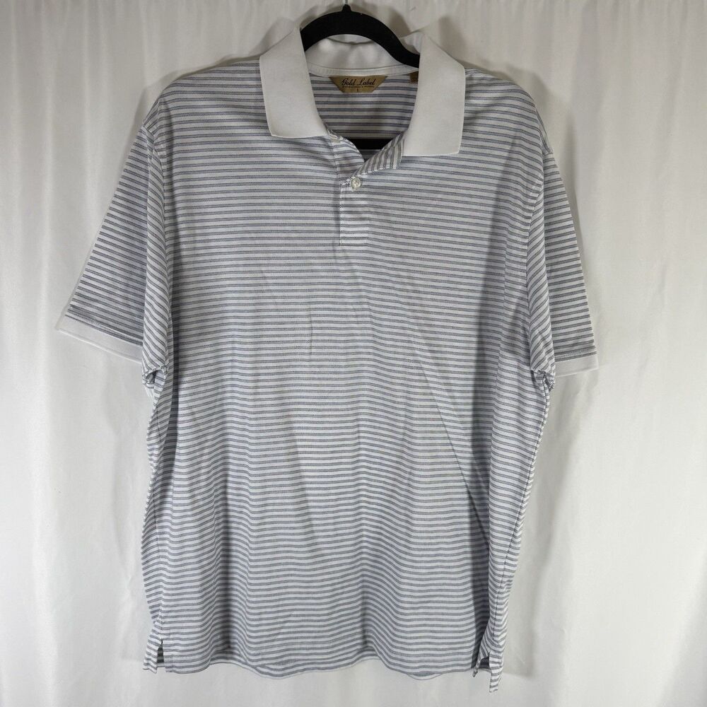 Roundtree Yorke Gold Label Polo Men Large White Striped Short Sleeve 100% Cotton